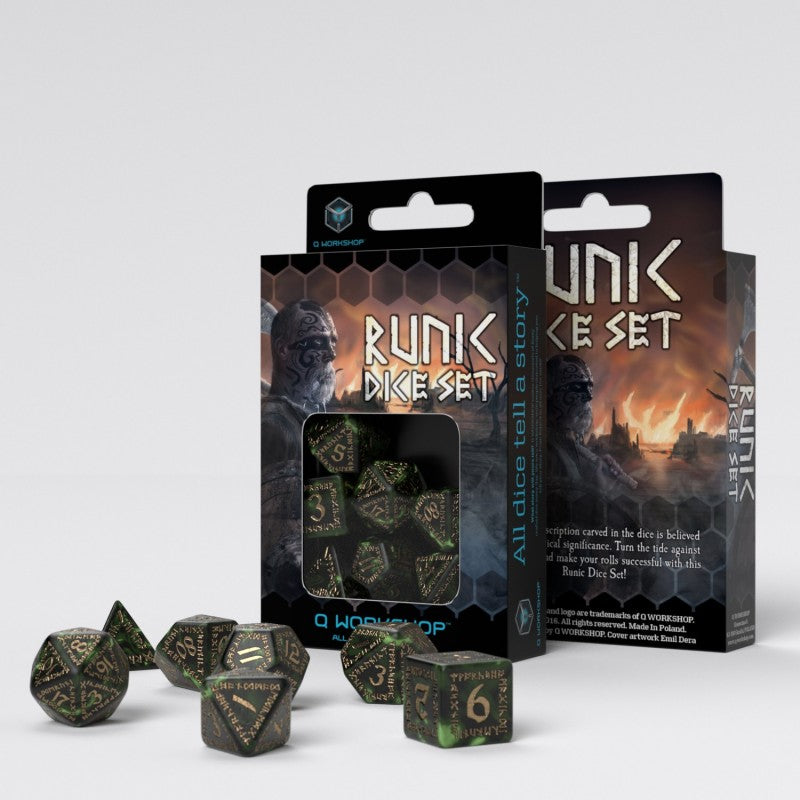 Q Workshop Runic Bottle-green & gold Dice Set