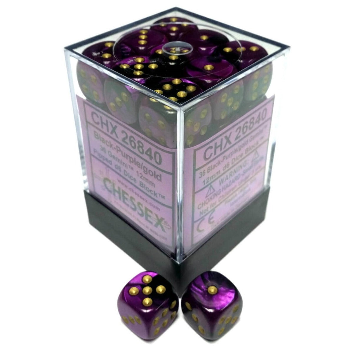 Chessex Gemini 12mm d6 Black-Purple/gold Dice Block (36 dice)